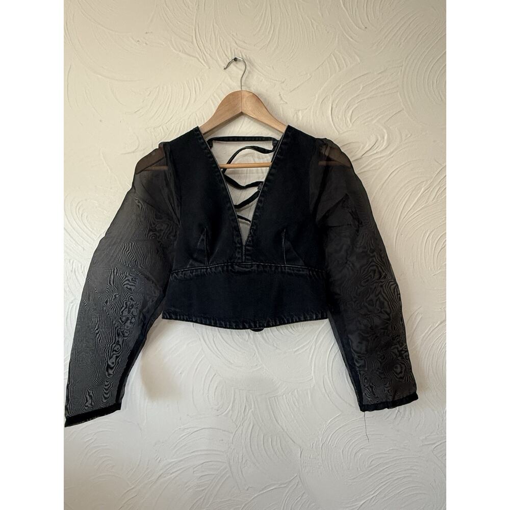 Topshop Black Sheer Sleeve Crop Top Blouse Women’s Size 6 US / 10 UK Goth Chic
